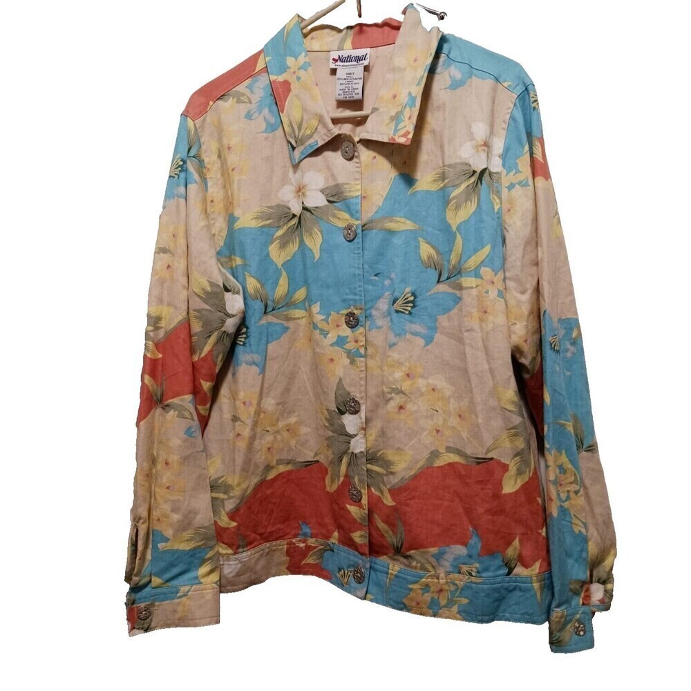 Womens‎ Linen Blend Floral Shacket Multicolor Button Front Lightweight Size L